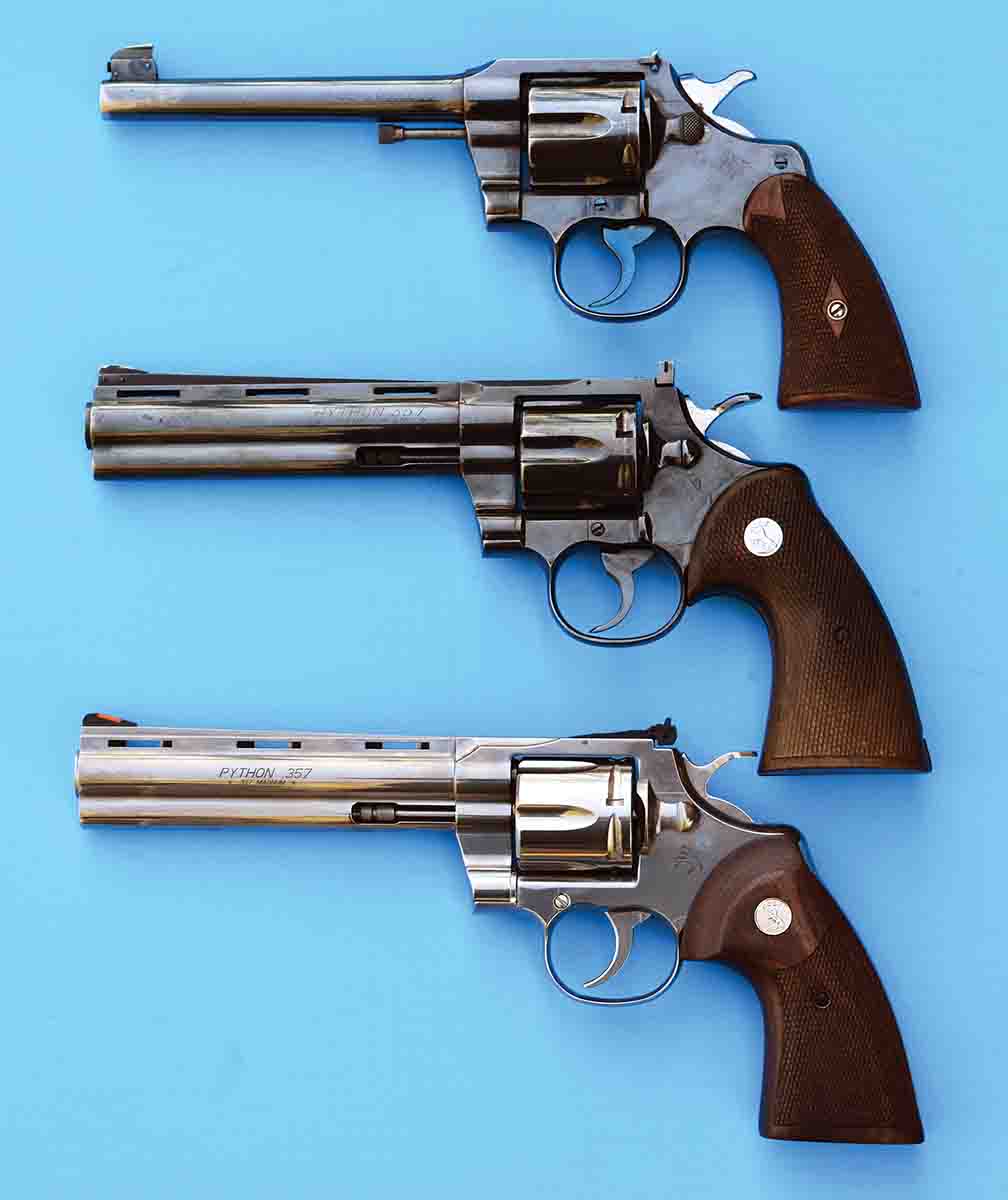 The Python .357 was originally based on the Colt Officer’s Model second issue that was built on the I-Frame and dates to around 1908. Top to bottom: Colt Officer’s Model second issue circa 1908, Colt Python .357 circa 1956 and a Python .357
